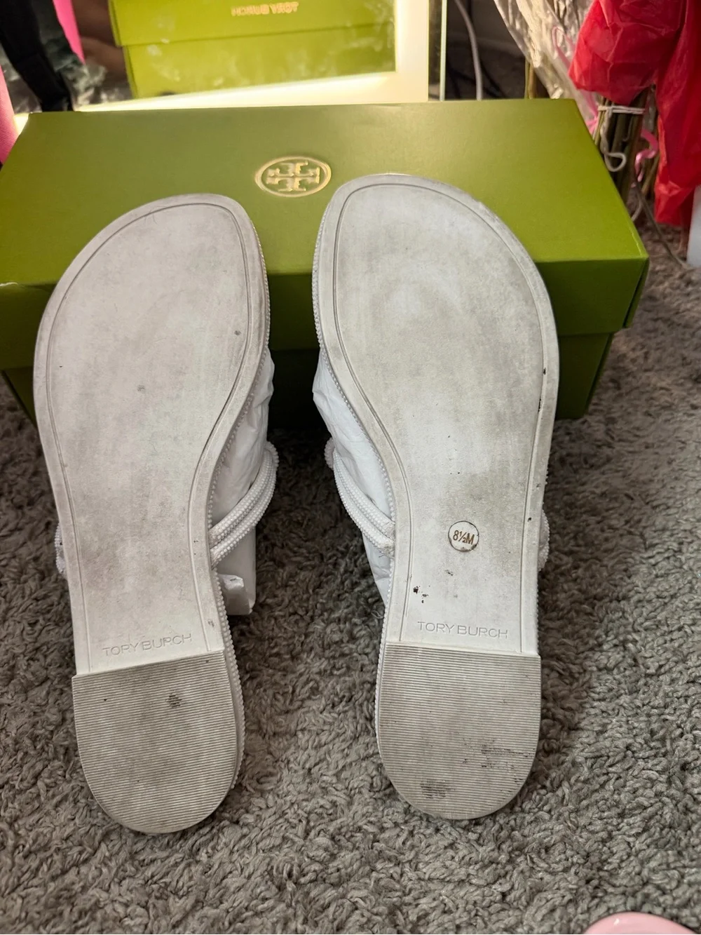 Tory Burch White Braided Logo Thong Sandals